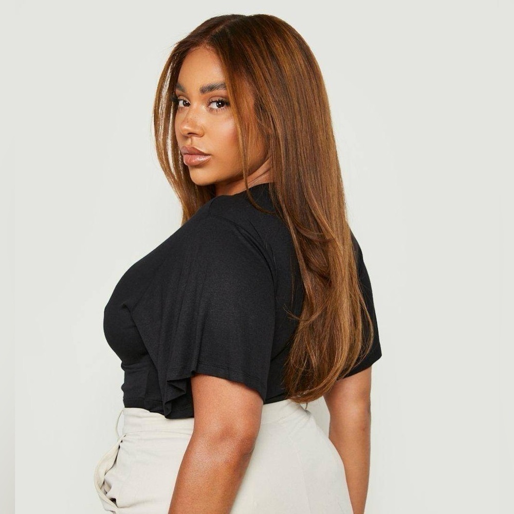 Boohoo Lola silky wrap over flared Black bodysuit top Women's NWT size 12